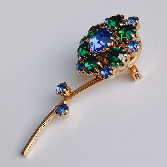 VTG Mid Century Brooch Floral Green Blue Rhinestone Gold Tone EUC - Picture 6 of 12